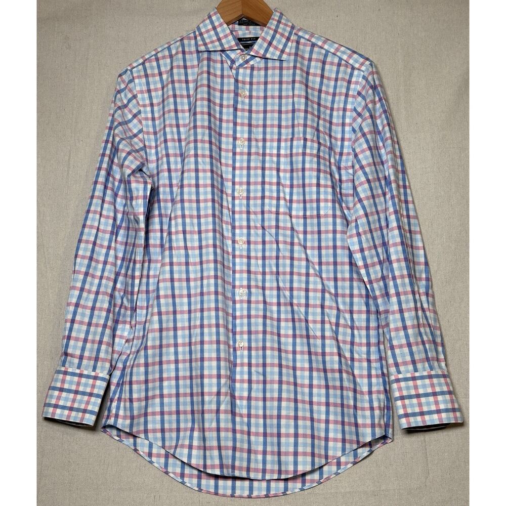 Neiman Marcus Wrinkle Free Trim Fit 15 32/33 Long Sleeve Dress Shirt Pink‎ Blue